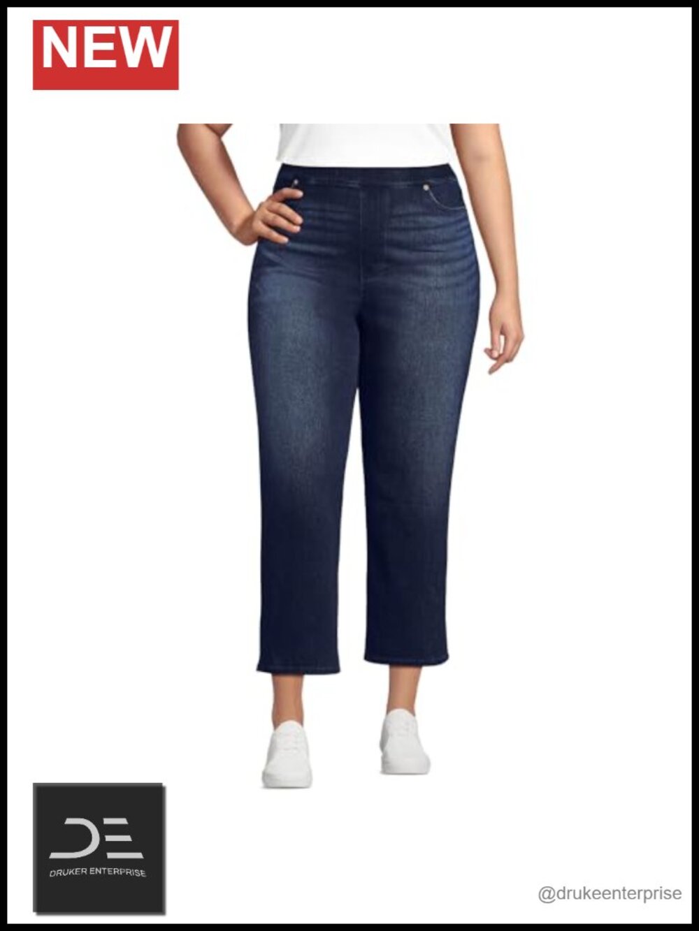 High Rise Knit Denim Straight Crop Jeans Pull On Pockets Stretch